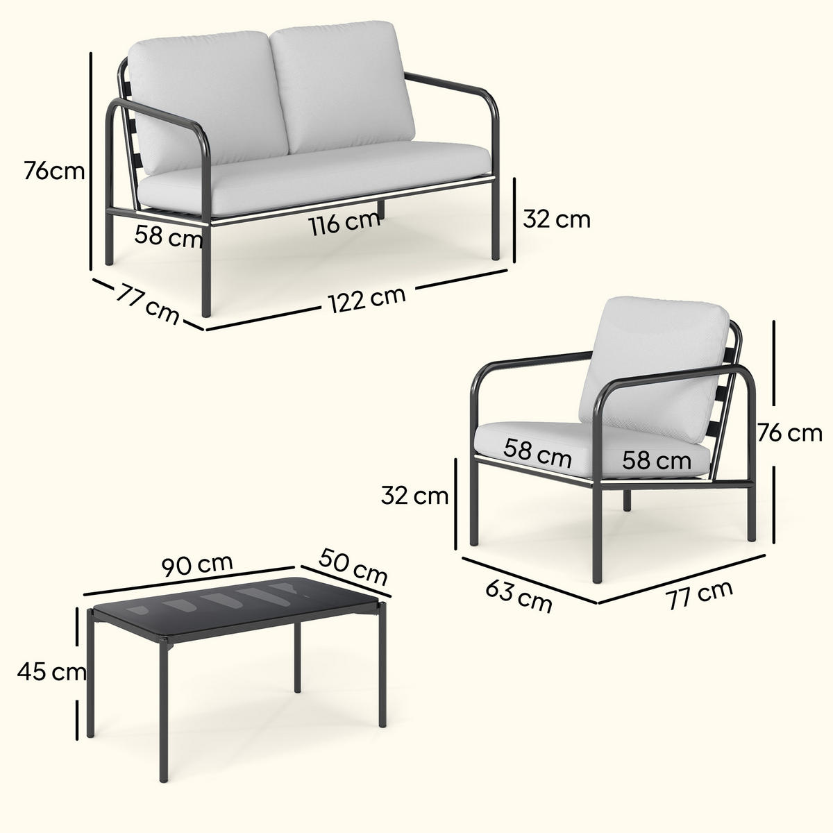 GARTENMÖBEL-SET, Stahl 4-teilig Doppelsofa, hellgrau - Grau, Metall - Vallsero