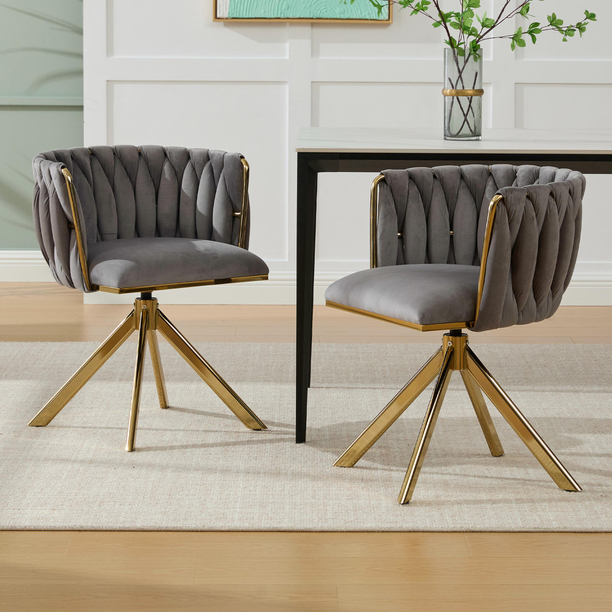 ARMLEHNSTUHL(SET à 2 Stück) mit Metallgestell - ergonomische Rückenlehne und 180° Schwenkfunktion - Dunkelgrau - Grau, Textil/Metall (50/70/56cm) - KOMHTOM