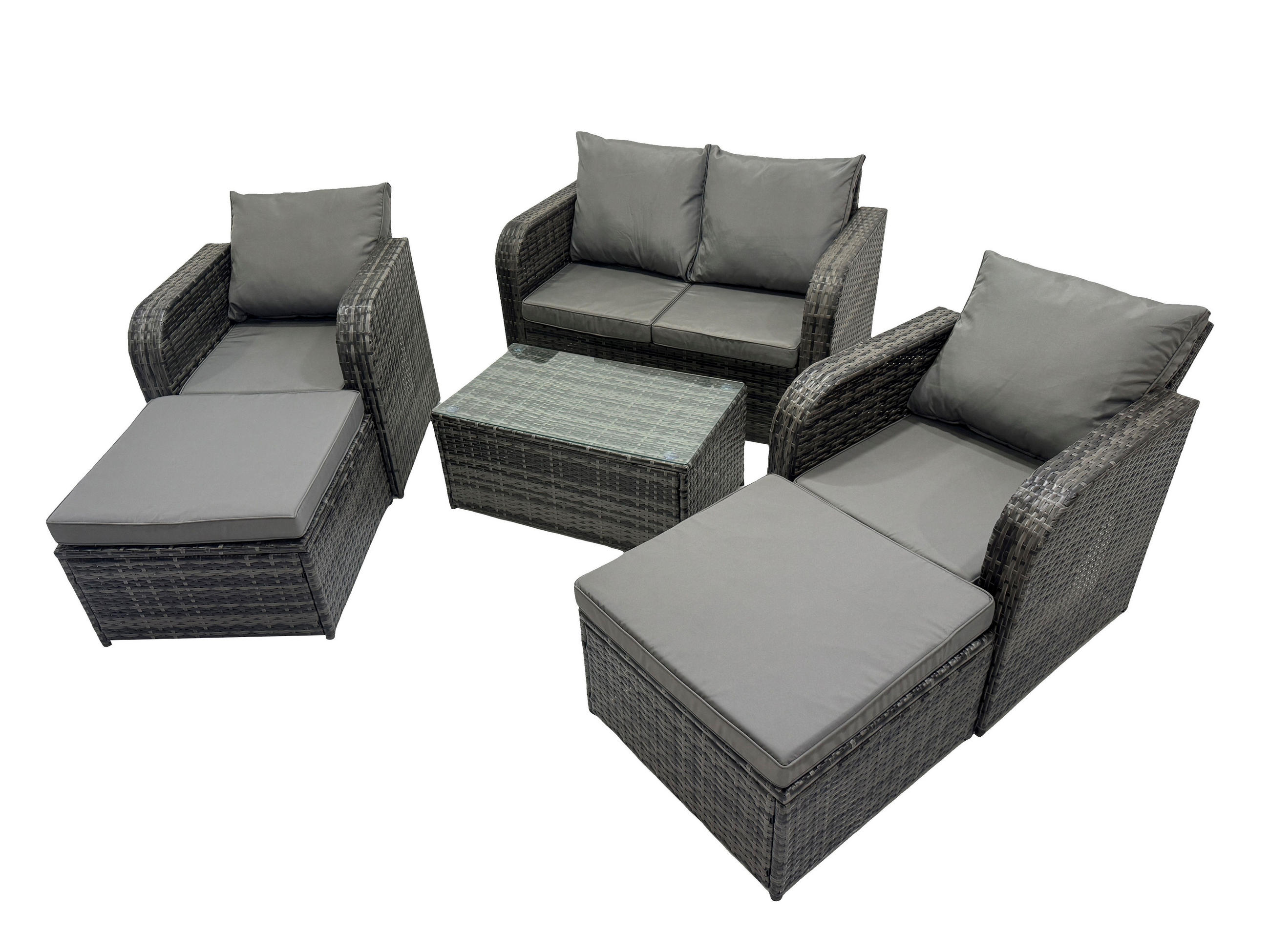 GARTENMÖBELGARNITUR mit KISSEN Polyrattan Dunkelgrau 6-Sitzer - Dunkelgrau/Grau, Glas/Kunststoff - Fimous