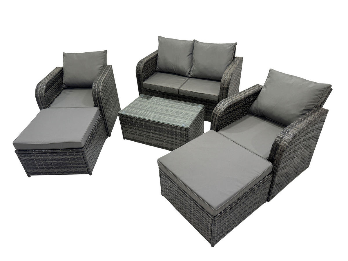 GARTENMÖBELGARNITUR mit KISSEN Polyrattan Dunkelgrau 6-Sitzer - Dunkelgrau/Grau, Glas/Kunststoff - Fimous