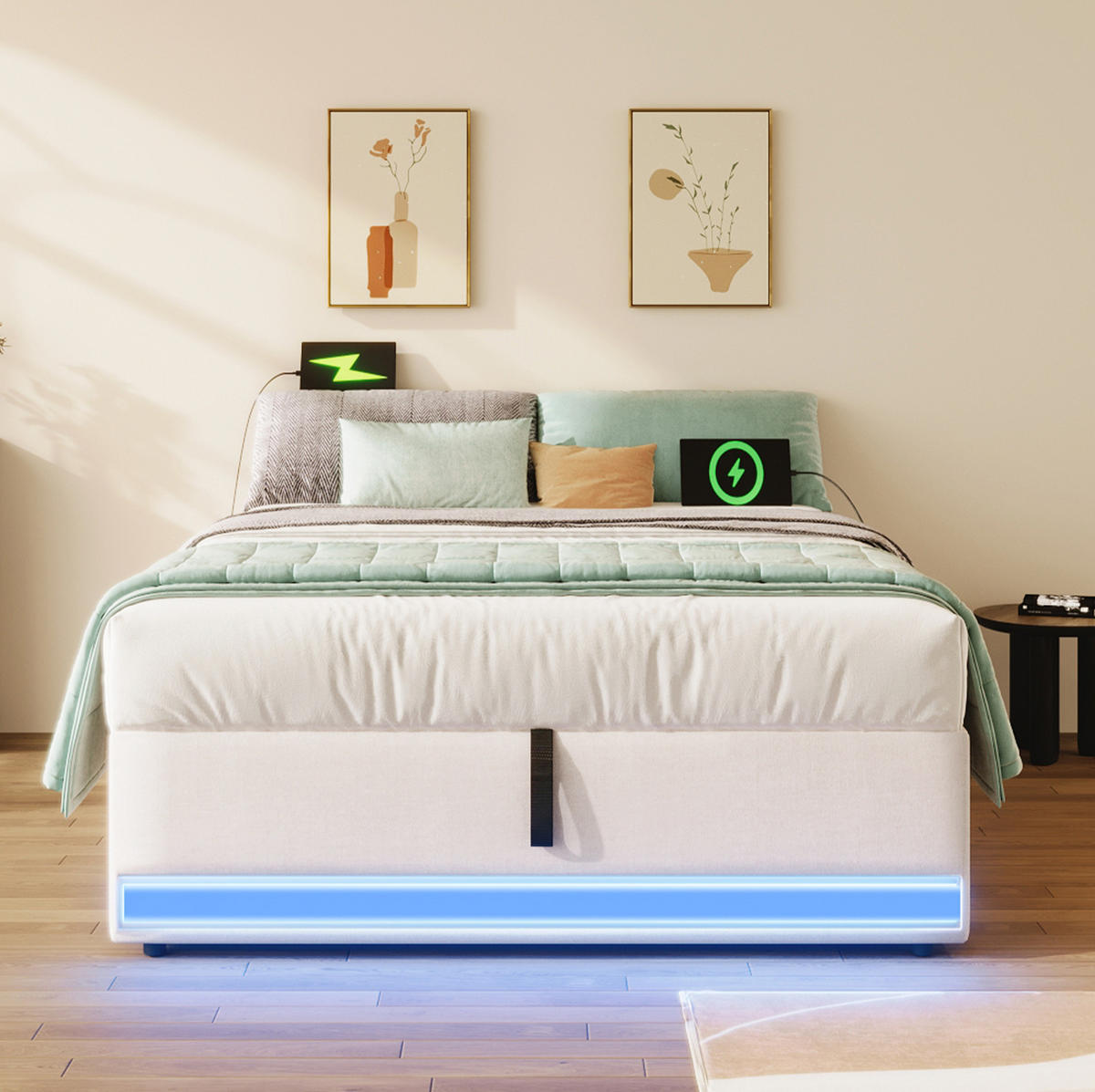 POLSTERBETT 90/200 cm Beige mit Stauraum, LED-Beleuchtung und USB - Beige, Textil (90/200cm) - Flora Grace