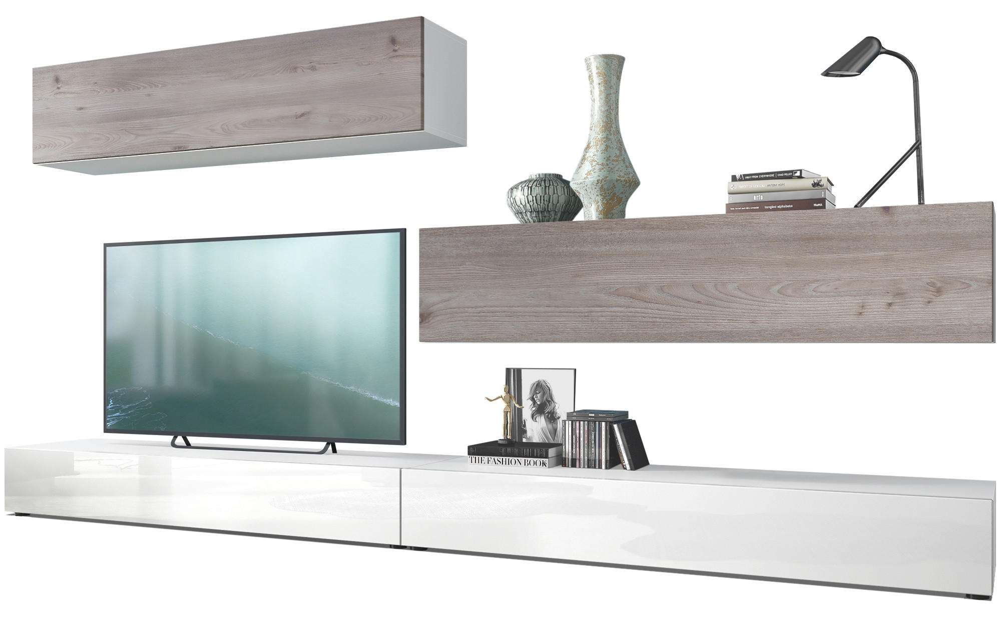 WOHNWAND Nublo Klappen in Eiche Nordic - Silbereichenfarben, Holzwerkstoff (279/147/39cm) - Vladon