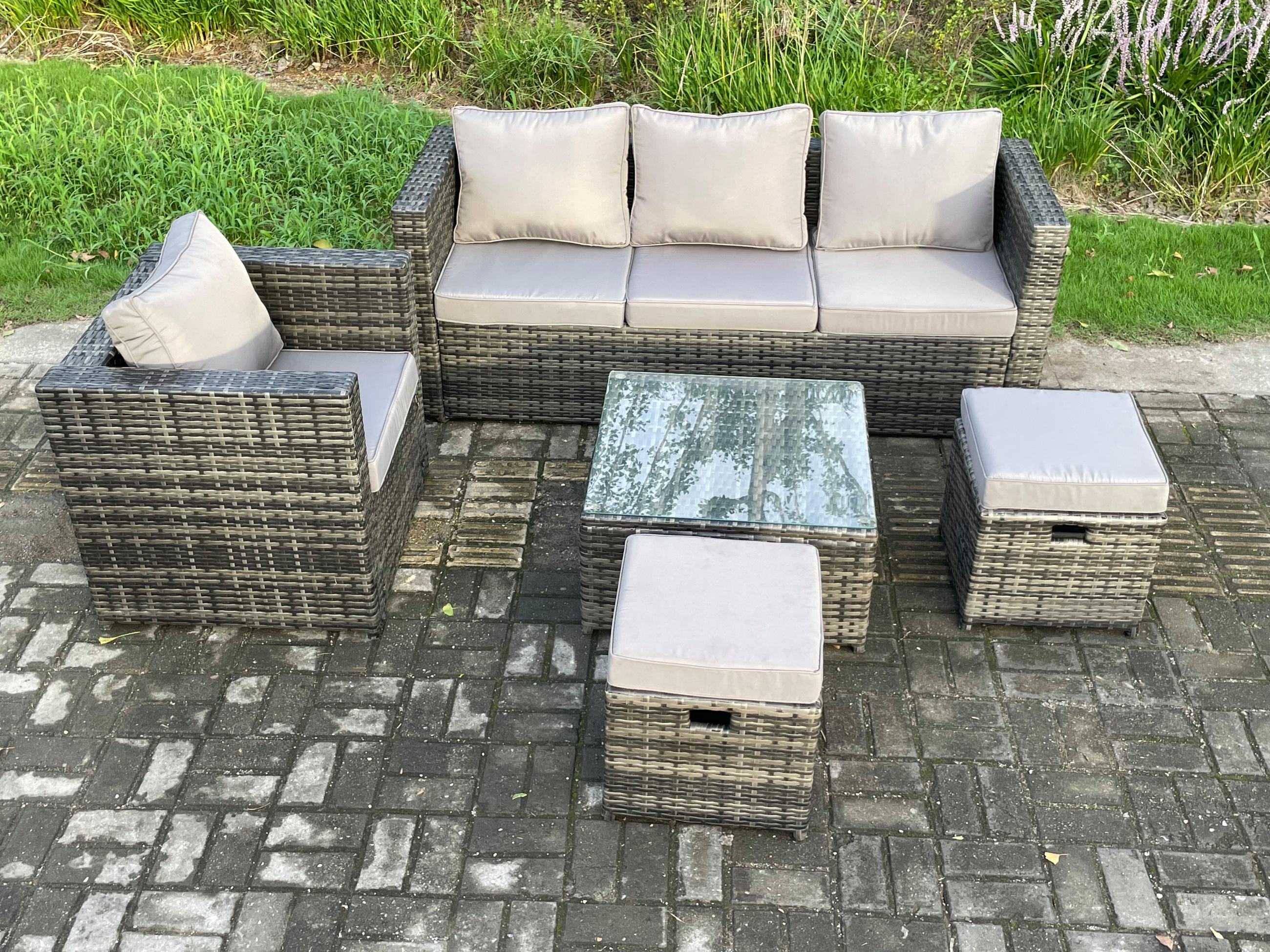 GARTENSET mit Couchtisch Polyrattan 5-Sitzer - Dunkelgrau, Metall - Fimous