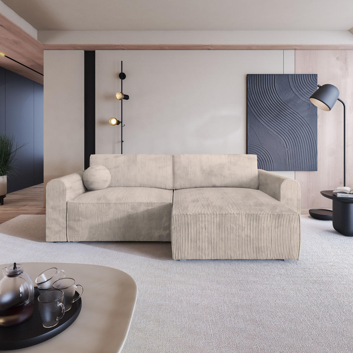 ECKSOFA FIANO P Creme Kordstoff mit Schlaffunktion - Creme/Grau, Holz/Kunststoff (245/148cm) - MASSENO