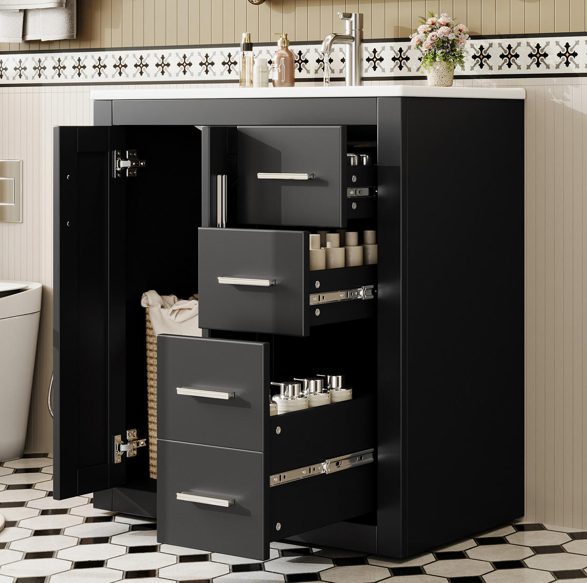 WASCHTISCH mit integriertem Keramikbecken 76 x 46,5 x 85,5 cm Schwarz - Schwarz, Holzwerkstoff (46.5/85.5/76cm) - Beauniv