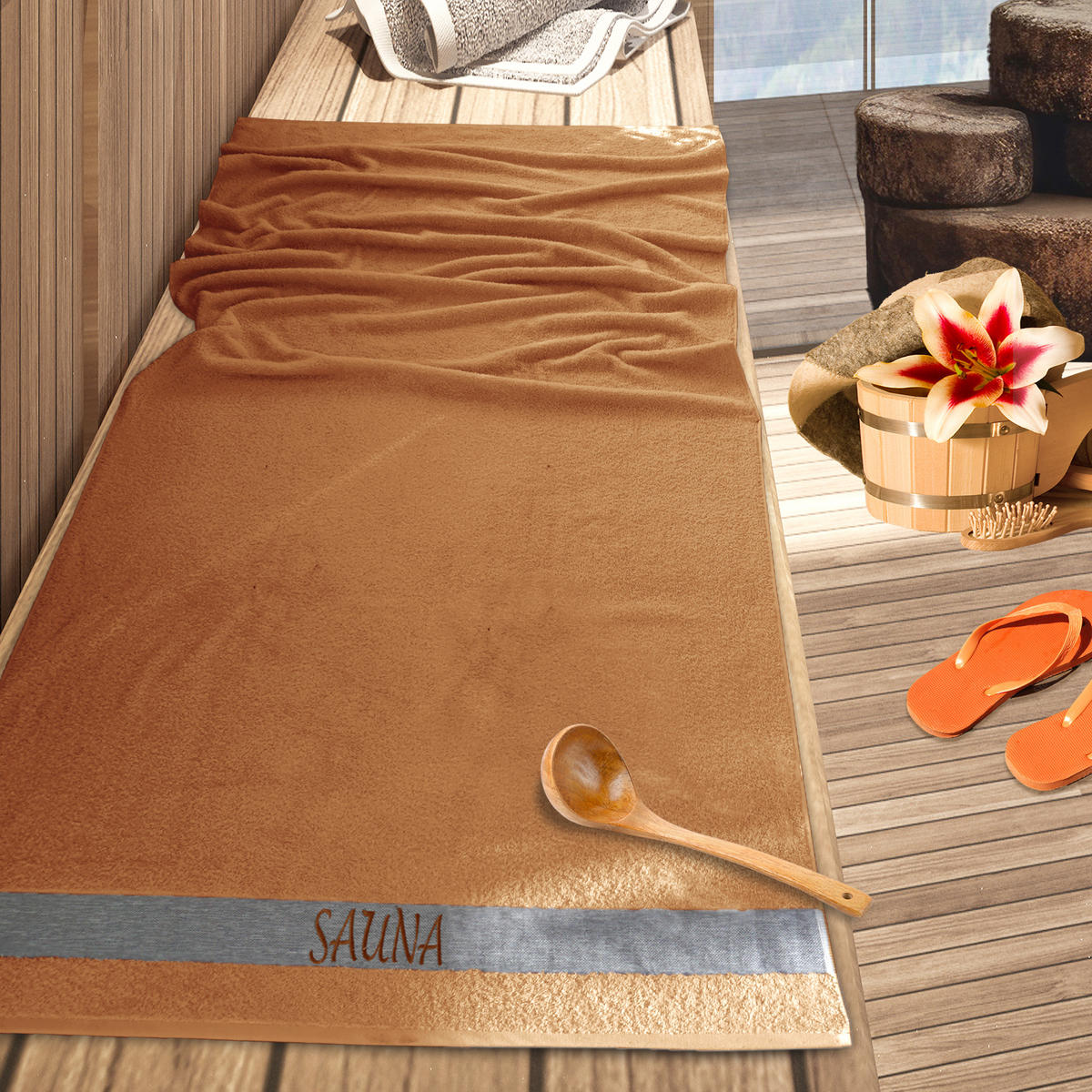 SAUNAHANDTUCH Lima Camel 100x200 cm - Cognac, Naturmaterialien (100/200cm) - Lashuma