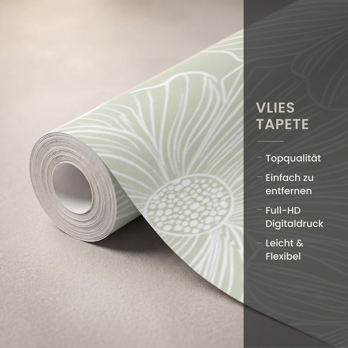 TAPETE - Gelassenheit - Blumen - Grün - 280x220 cm - Salbeigrün, Papier (280/220cm) - OnlyWow