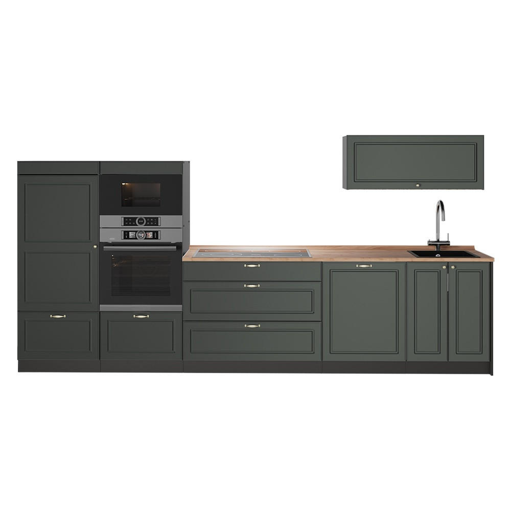 KÜCHENZEILE Fame-Line, Grün-Gold Landhaus/Anthrazit, 340 cm, AP Eiche - Anthrazit/Grün, Holzwerkstoff (340/153.6/60cm) - Vicco