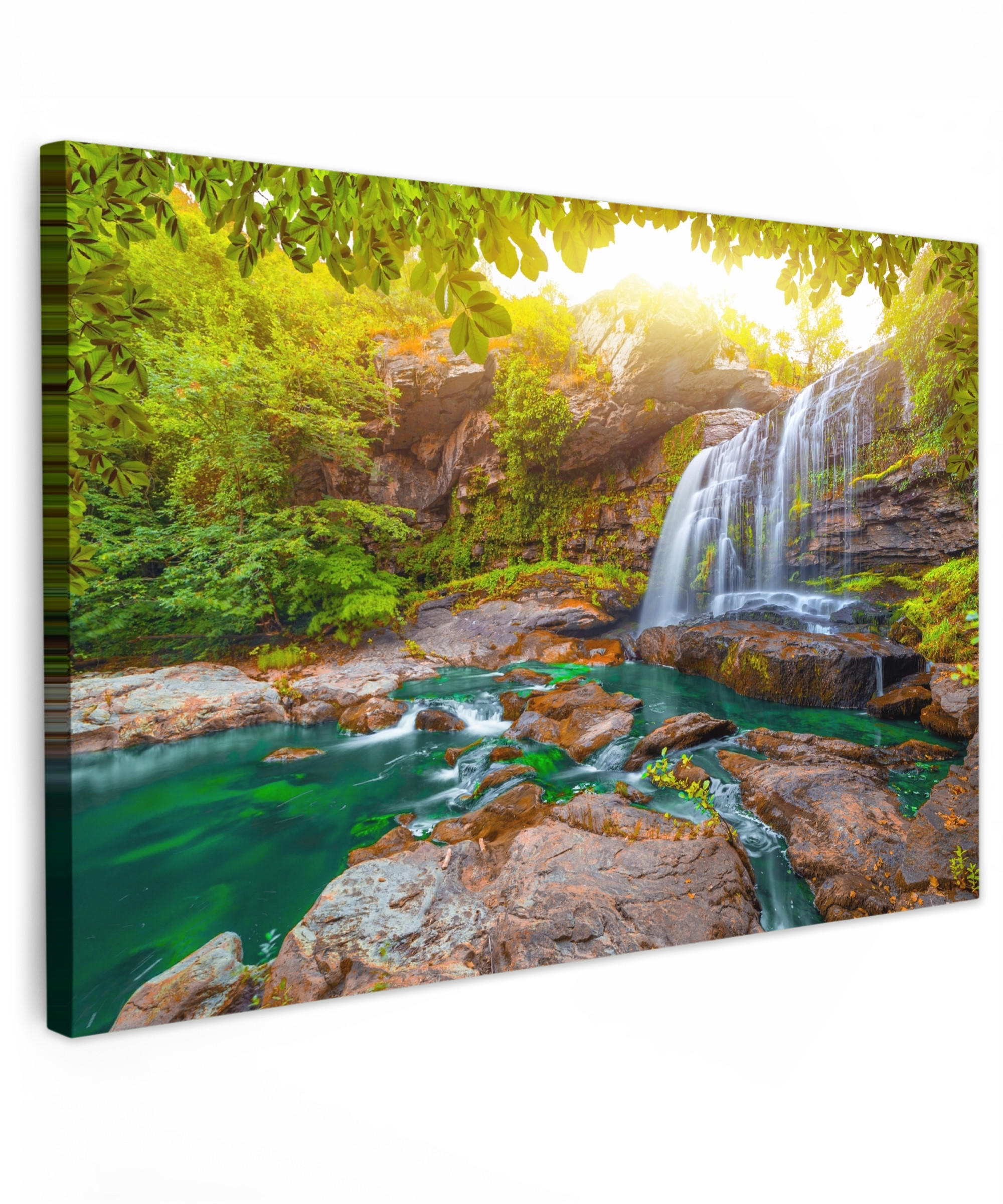 LEINWANDBILD Natur - Wasserfall - Pflanzen - Bäume - Sonne Gemälde 60x40 cm - Olivgrün, Textil (60/40cm) - MuchoWow
