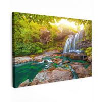 LEINWANDBILD Natur - Wasserfall - Pflanzen - Bäume - Sonne Gemälde 60x40 cm - Olivgrün, Textil (60/40cm) - MuchoWow