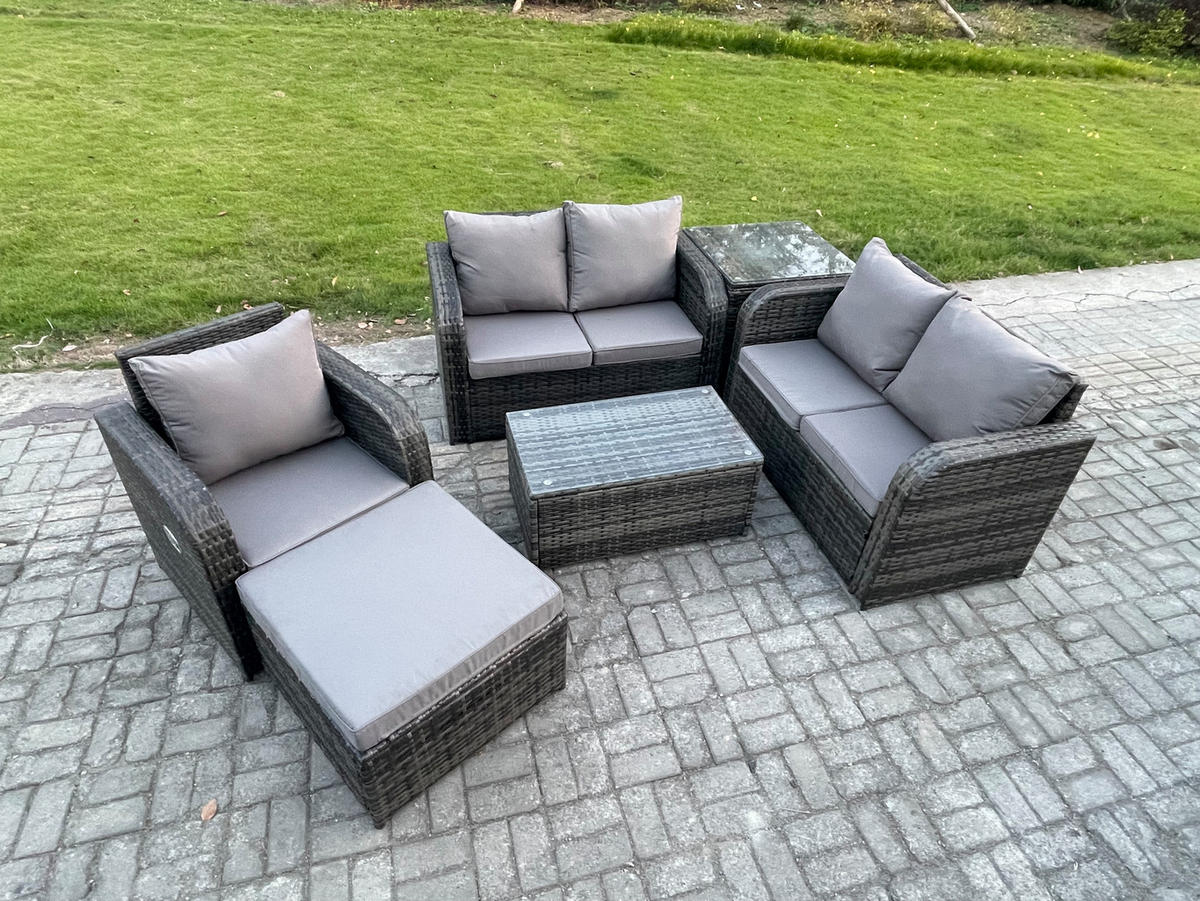 LOUNGESOFA-SET Polyrattan Dunkelgrau 6-Sitzer - Dunkelgrau, Metall - Fimous