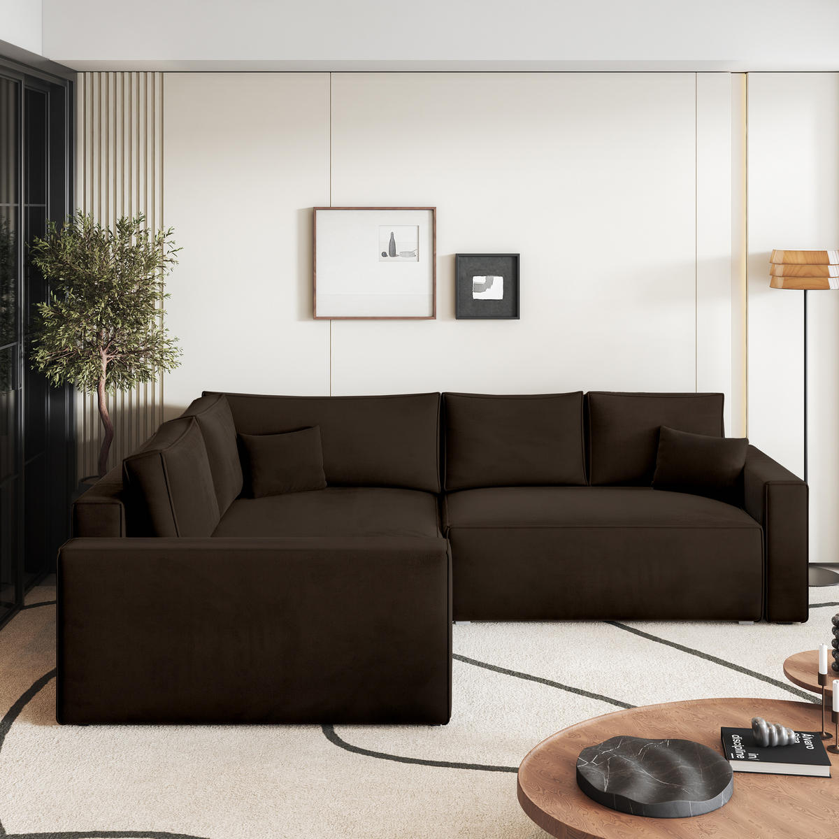 ECKSOFA ERONIS L-S Braun Velours-Stoff mit Schlaffunktion - Braun, Holz (265/194cm) - MASSENO