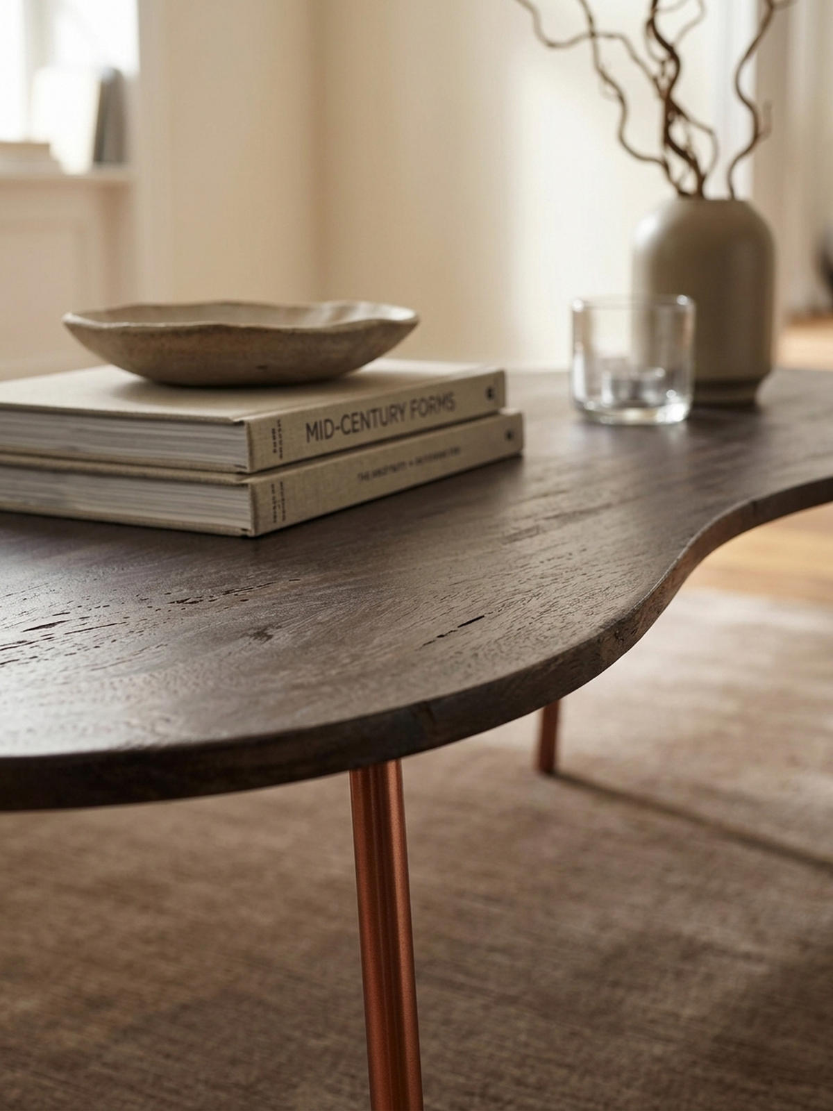 COUCHTISCH Retro-Stil mit Nierenform, Massivholz, Metallbeine, pflegeleichte Tischplatte, Beige 122x63x36 cm - Beige/Braun, Holz/Metall (63/122/36cm) - KADIMA DESIGN