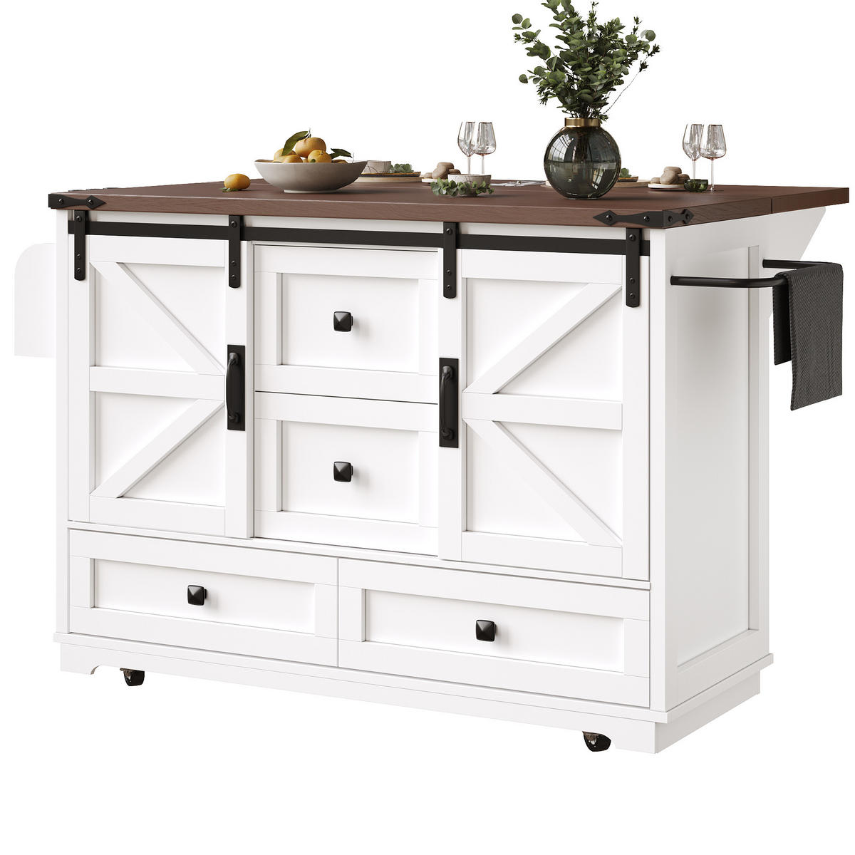 KÜCHENINSEL in Weiß Küchenwagen mit Klapptisch, 3 Schubladen und 2 Türen, als Bar und Sideboard mit Stauraum, B142.5/T73/H92.5cm - Weiß, Holzwerkstoff/Metall (142.5/92.5/45cm) - STILVORA