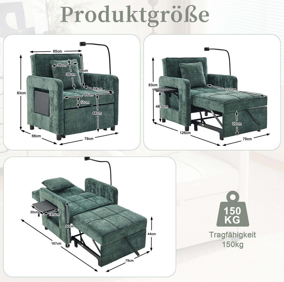 SCHLAFSESSEL 167/79/83 cm grün aus Chenille mit Stauraum - Grün, Textil (79/83/167cm) - OKWISH