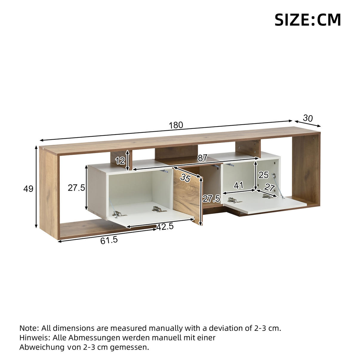 TV-ELEMENTLOWBOARD 180x30x49cm WeißNaturholz für 85ZollTV PushtoOpen - Naturfarben, Holz (39.5/16/99.01cm) - Raelunyi