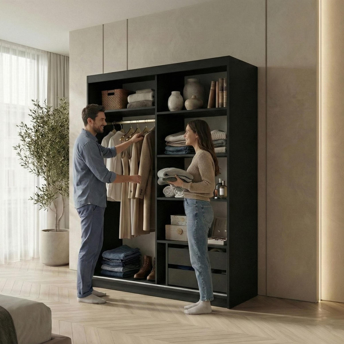 SCHWEBETÜRENSCHRANK Hela 120/205/60 2-türig schwarz mit Schubladen - Schwarz, Holzwerkstoff (120/205/60cm) - Beautysofa