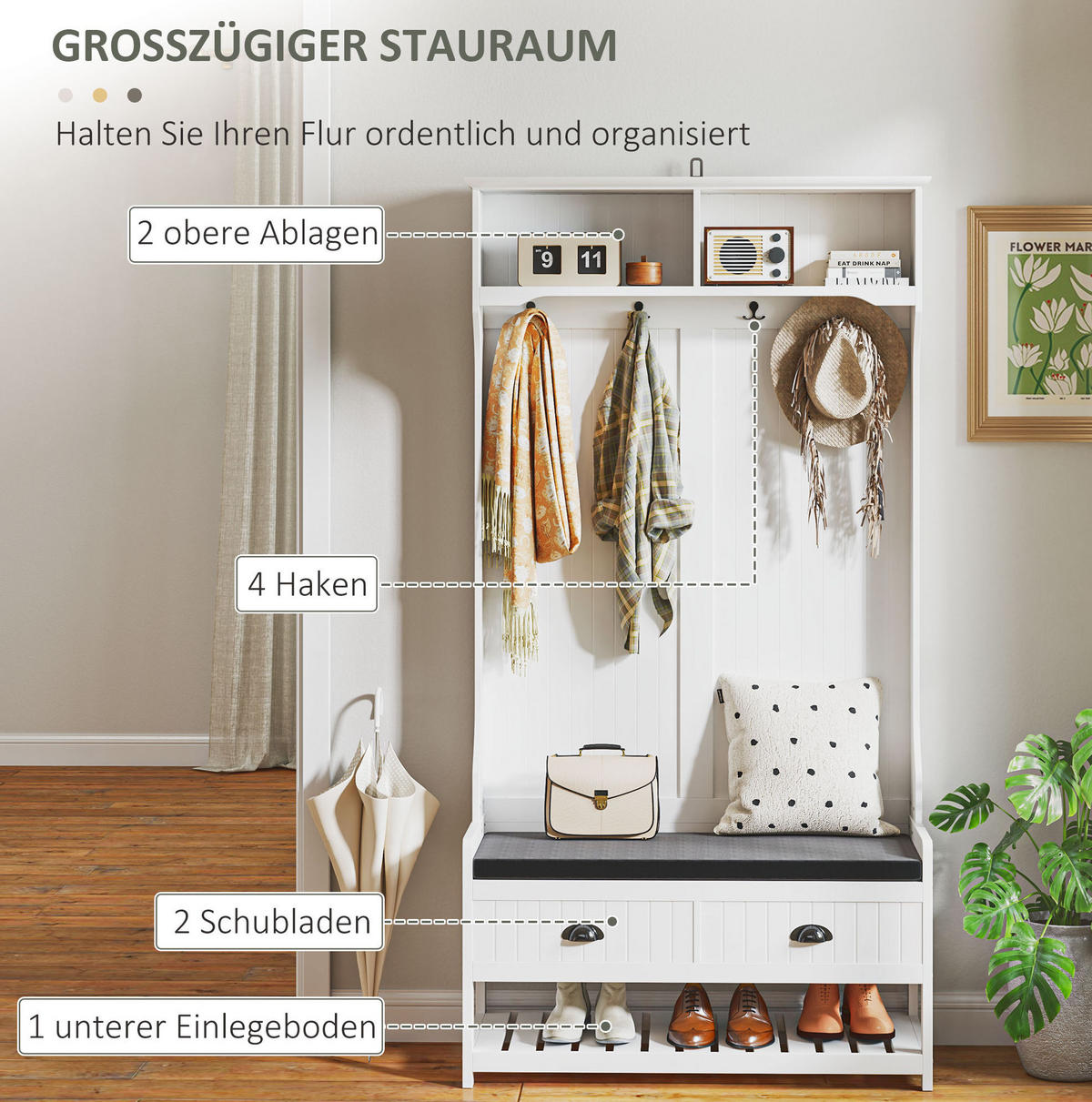 GARDEROBENSTÄNDER mit Schuhbank 89 x 42 x 172 cm MDF White - Weiß, Holzwerkstoff (42/172/89cm) - Beauniv