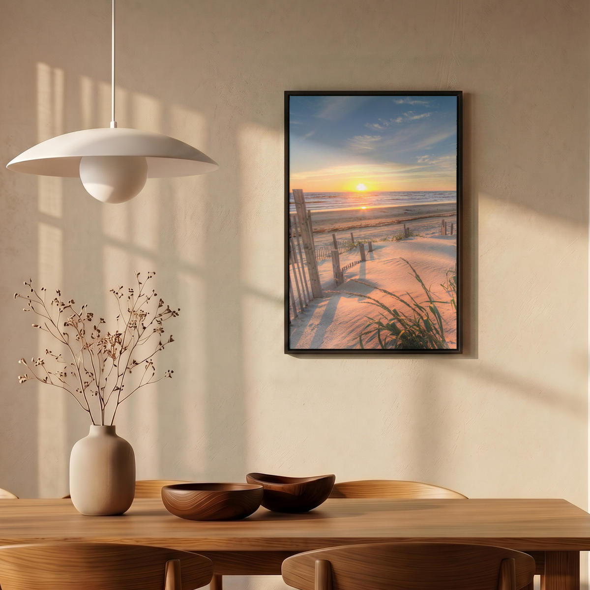 LEINWAND Bilder mit Rahmen - Strand - Meer - Düne - Sonnenuntergang - Landschaft - 40x60 - Beige, Textil (40/60cm) - MuchoWow