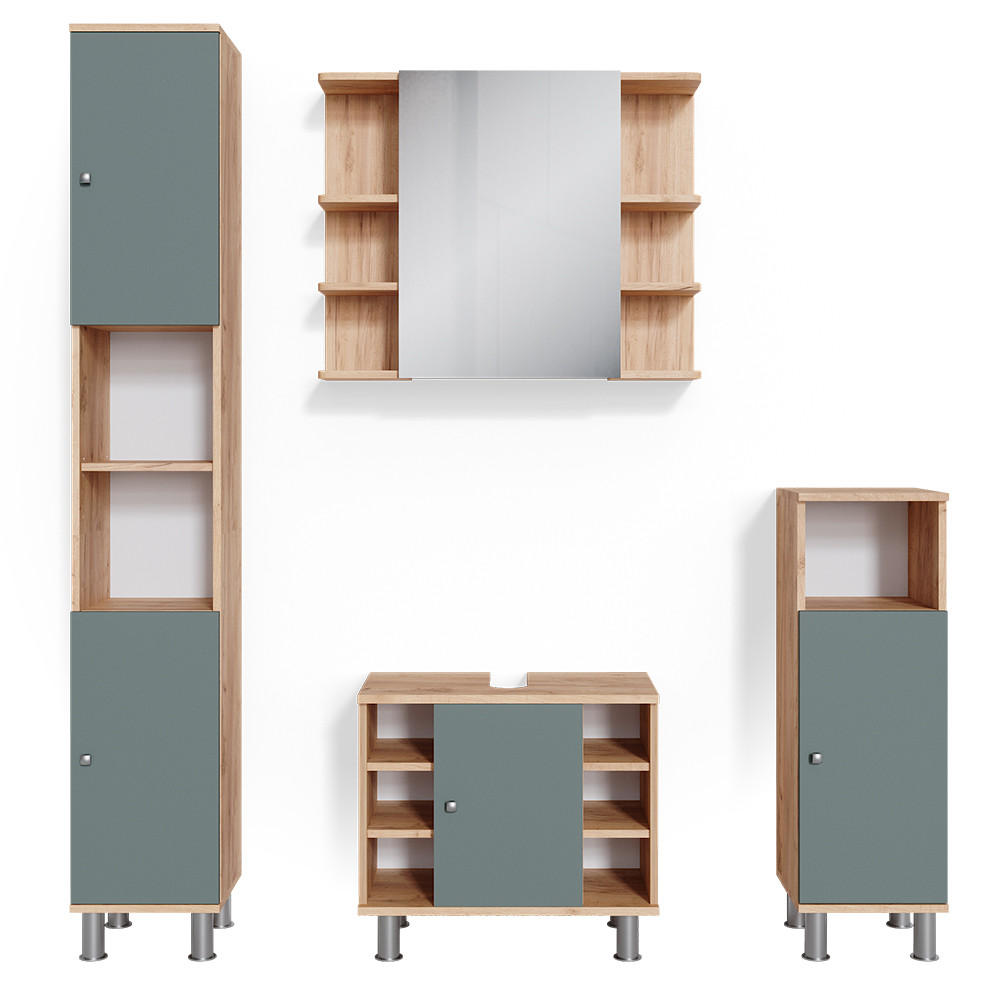 BADMÖBEL-SET Fynn Grün 4 Teile - Eiche Wotan/Grün, Holzwerkstoff (60/54/32cm) - Vicco