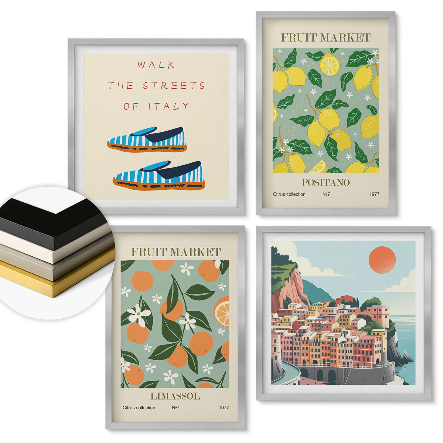 WANDBILDER 4er Set - 50x50 cm & 40x60 cm Silberner Rahmen - Fruchtmuster der italienischen Kultur - Silberfarben, Kunststoff (50/50cm) - ArtPrintCave