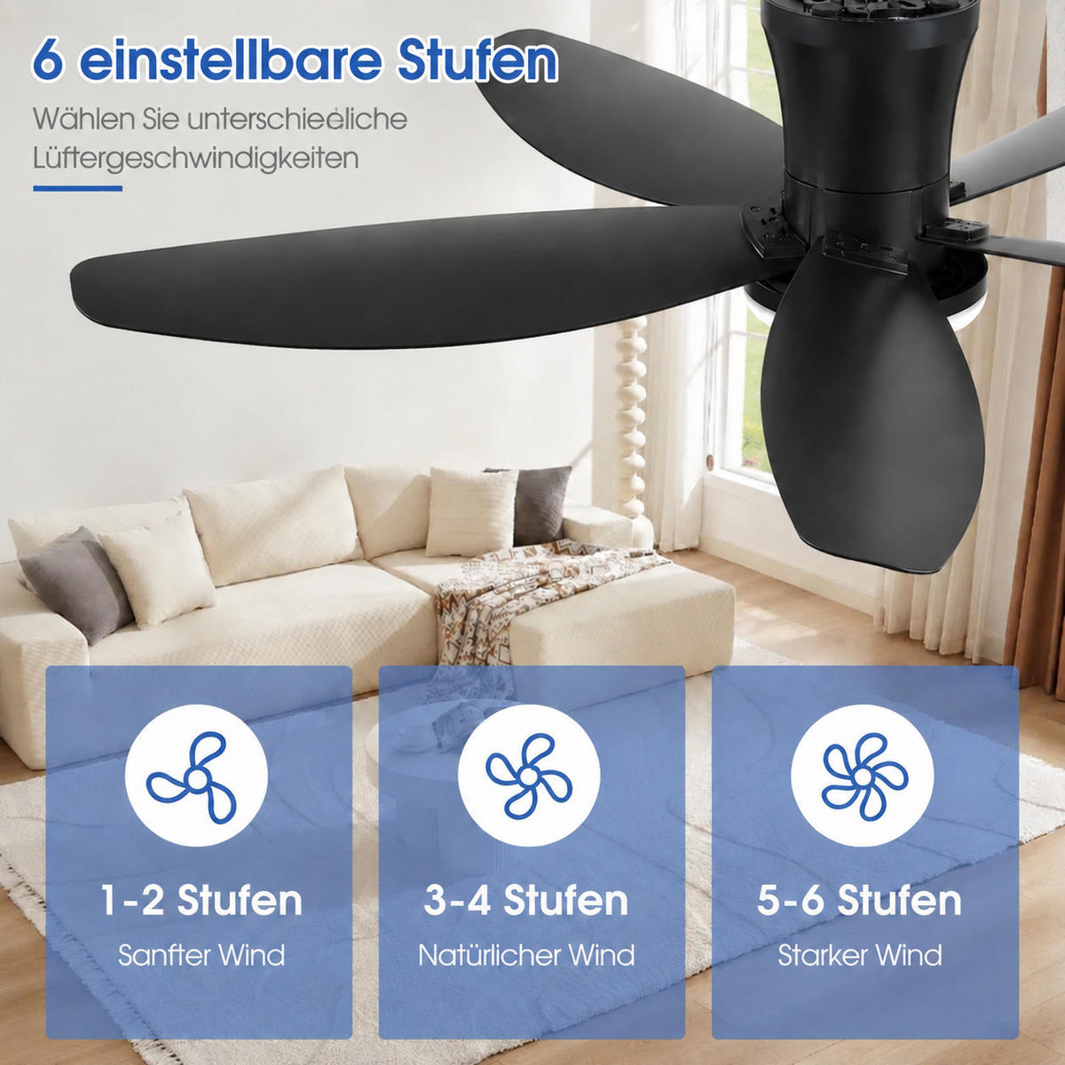 DECKENVENTILATOR Schwarz 106,7 cm mit LED und leisem DC-Motor - Schwarz, Kunststoff (106.7/106.7/21.8cm) - Surtime
