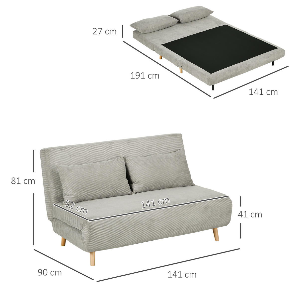 SCHLAFSOFA 141/90/81 cm in Grau – verstellbar mit 141/191 cm Liegefläche - Grau, Textil (90/81/141cm) - BEAOK