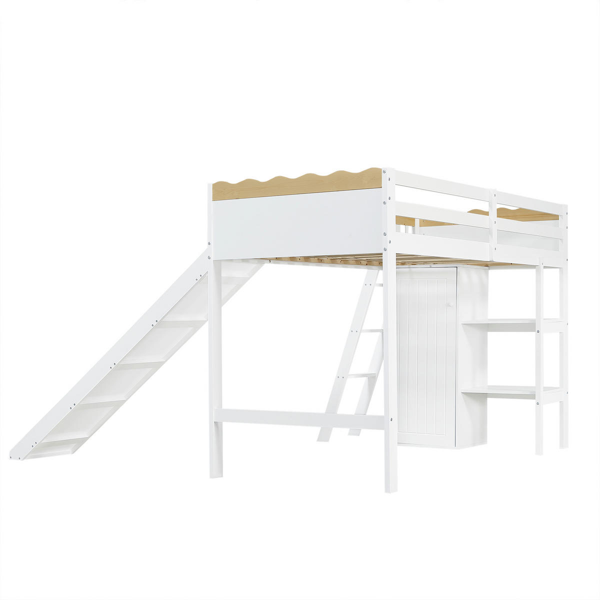 SPIELBETT 90/200 cm DE-02303, in Weiß, mit Rutsche, Kleiderschrank und Ablageschrank - Weiß/Naturfarben, Holz/Holzwerkstoff (90/200cm) - ComfortXL