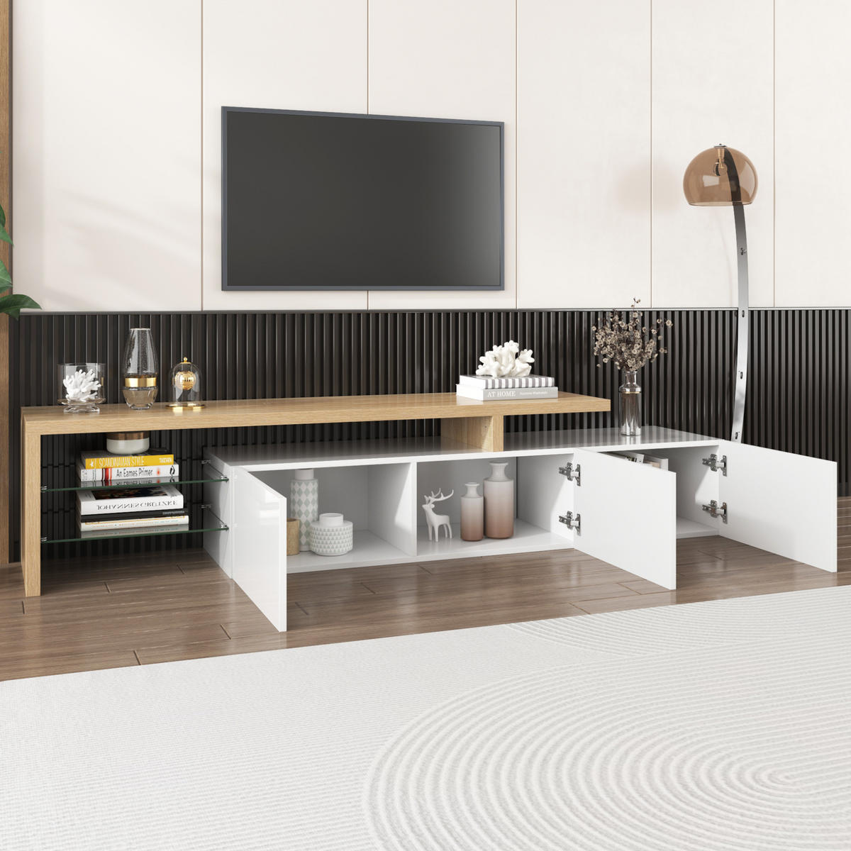 TV-LOWBOARD 197,5/39/42 cm mit 3 Türen und LED-Beleuchtung - Weiß, Holzwerkstoff (197.5/42/39cm) - BEAOK