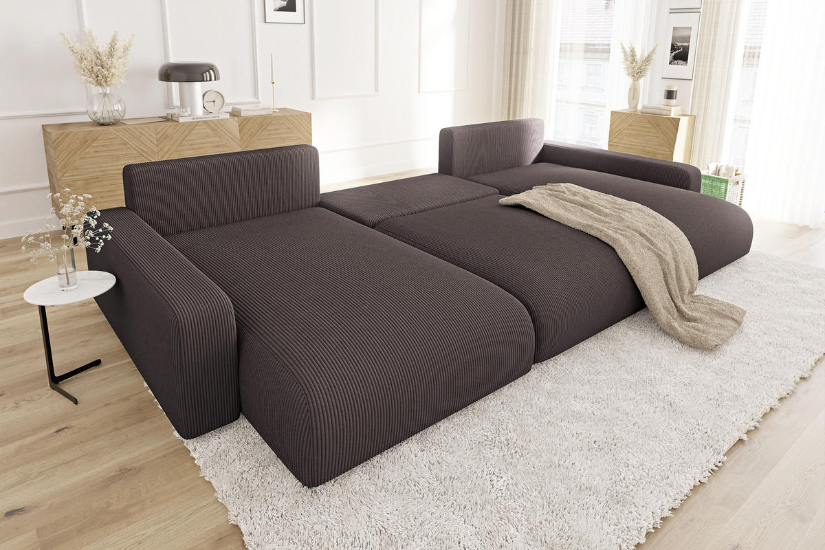WOHNLANDSCHAFT Emma Dunkelbraun Cord - Dunkelbraun/Schwarz, Holz/Kunststoff (332/170cm) - S-Style Möbel