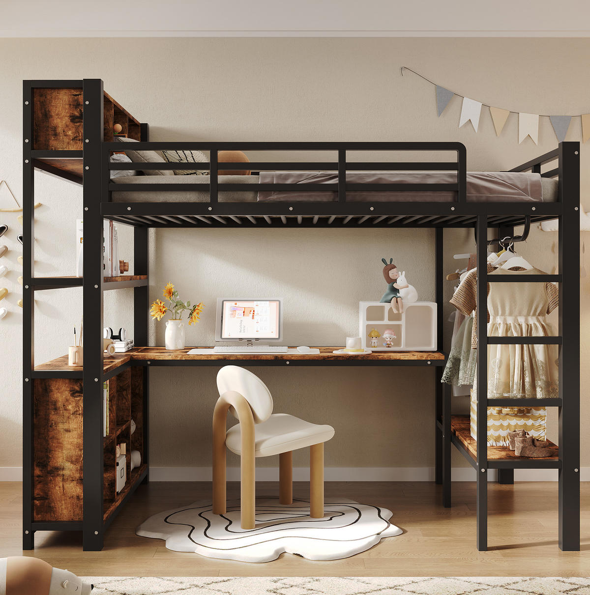 HOCHBETT 90x200 cm in Schwarz mit Schreibtisch, Kleiderstange und Regalen - Schwarz, Holzwerkstoff (90/200cm) - IVMEU
