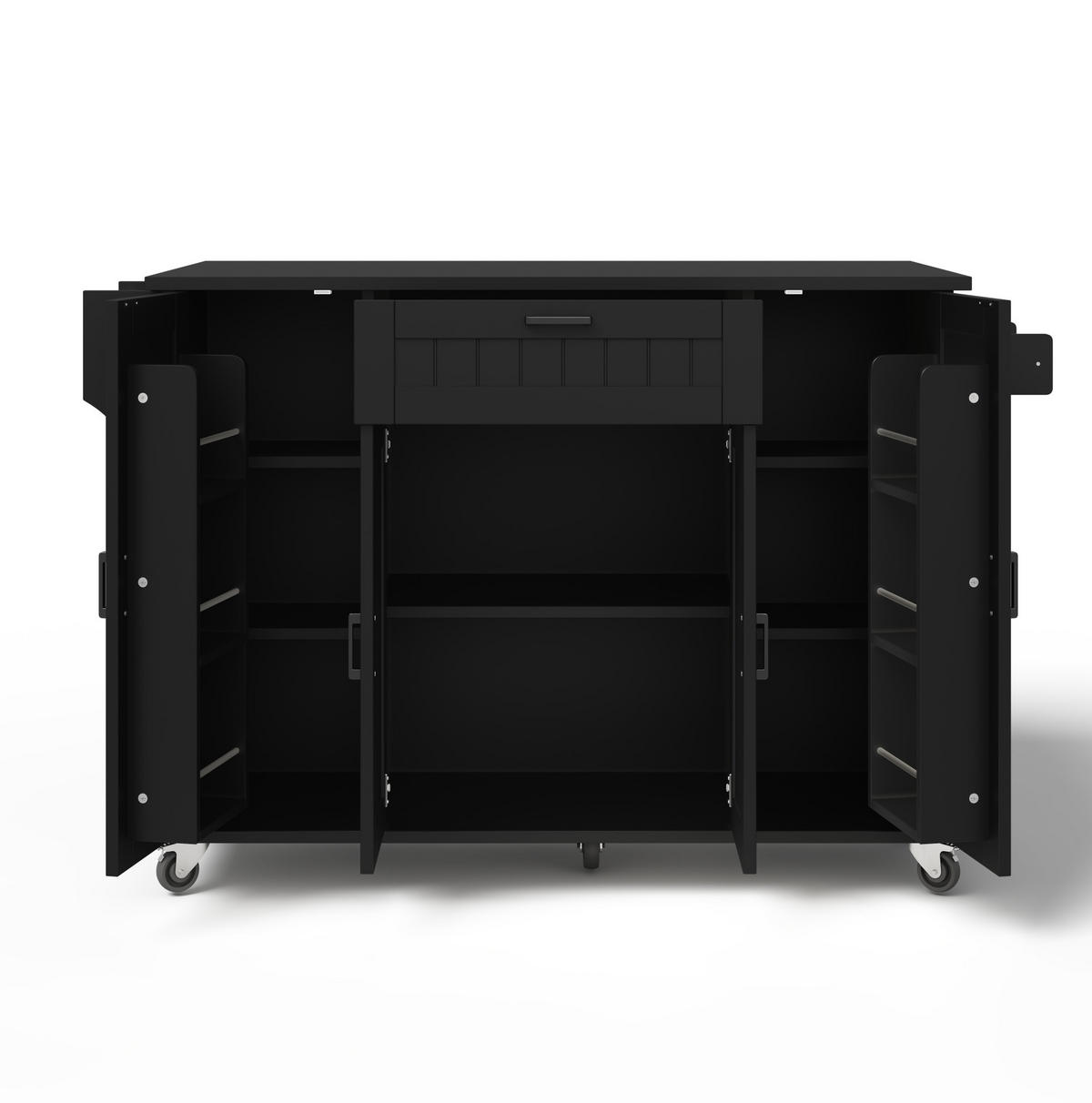 KUCHYŇSKÝ ostrůvek 120/45(70)/95 cm s klopnou pracovní deskou, 4 dvířky a kolečky, Černá - černá, kompozitní dřevo (120/95/70cm) - Redom