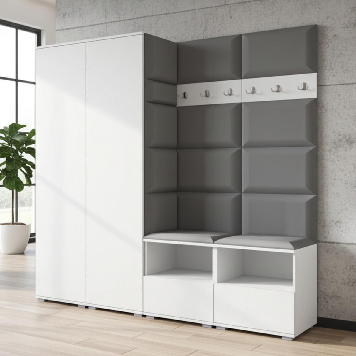 GARDEROBE NELA VI 200 cm (Kompaktgarderobe Weiß mit Sitzpolster Dunkelgrau 15 Schrank & Paneel) - Dunkelgrau/Silberfarben, Holz/Holzwerkstoff (200/187/40cm) - Ravio