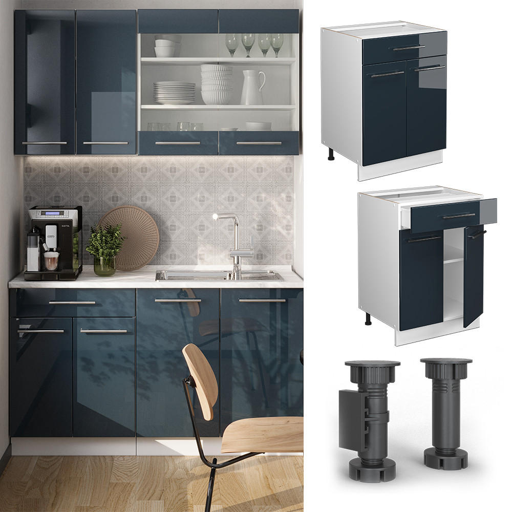 KÜCHENUNTERSCHRANK Fame-Line Dunkelblau Hochglanz 60 cm mit Schublade AP Marmor - Weiß/Dunkelblau, Holzwerkstoff (60/82/60cm) - Vicco