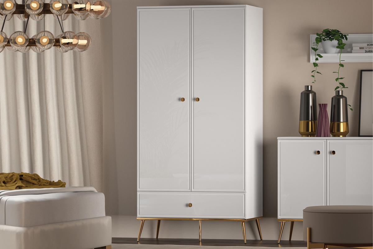 KLEIDERSCHRANK ISORIA mit Goldelementen, Glas Weiß - Goldfarben/Weiß, Holz/Metall (92/190/53cm) - KONSIMO®