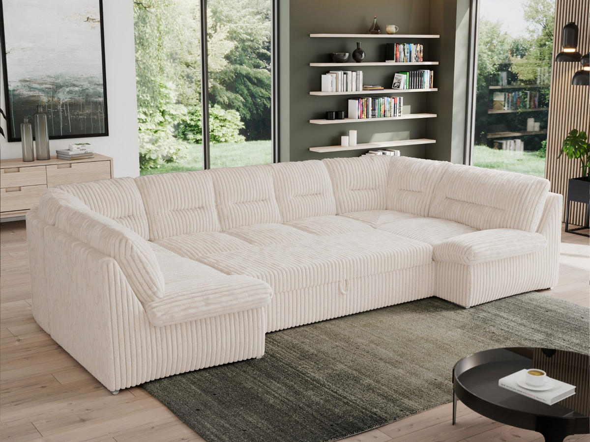 WOHNLANDSCHAFT MORBIDO U Beige Cord - Beige/Silberfarben, Textil/Metall (340/93/206cm) - MKS