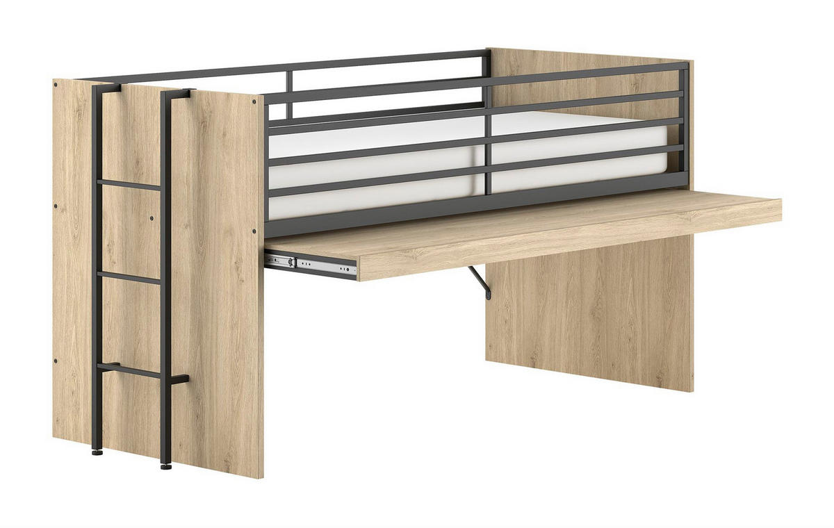 HALBHOCHBETT 90x200 Keelia Eiche Melamin mit Schreibtisch - Eichefarben, Kunststoff (90/200cm) - 58aufmkessel