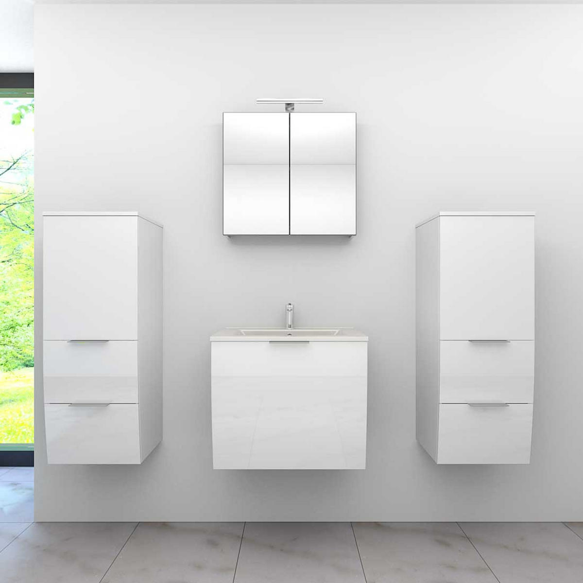 BADMÖBEL Set Gently 1 V3 Weiß MDF Waschtisch 60cm ohne LED Beleuchtung - Weiß, Glas/Kunststoff (46/52/60cm) - AcquaVapore by Sandra Jentho
