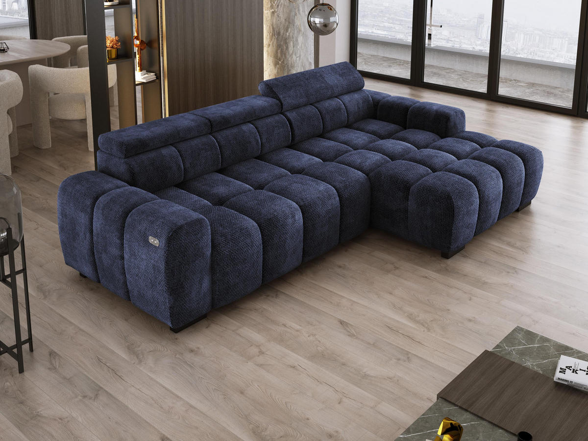 ECKSOFA OMBO 285x168x77/97 cm, Rechts, Schlaffunktion, elektr. Sitz, Kopfstützen, hydrophober EDEN-Stoff – Dunkelblau - Dunkelblau, Holz/Textil (285/168cm) - DomoHome