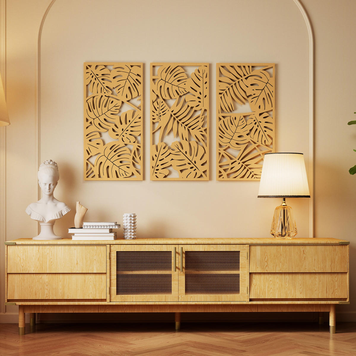 WANDDEKO 3er-Set DE-14365 3D Blätter tropisch Naturholz - Naturfarben, Holzwerkstoff (0.9/80/40cm) - ComfortXL