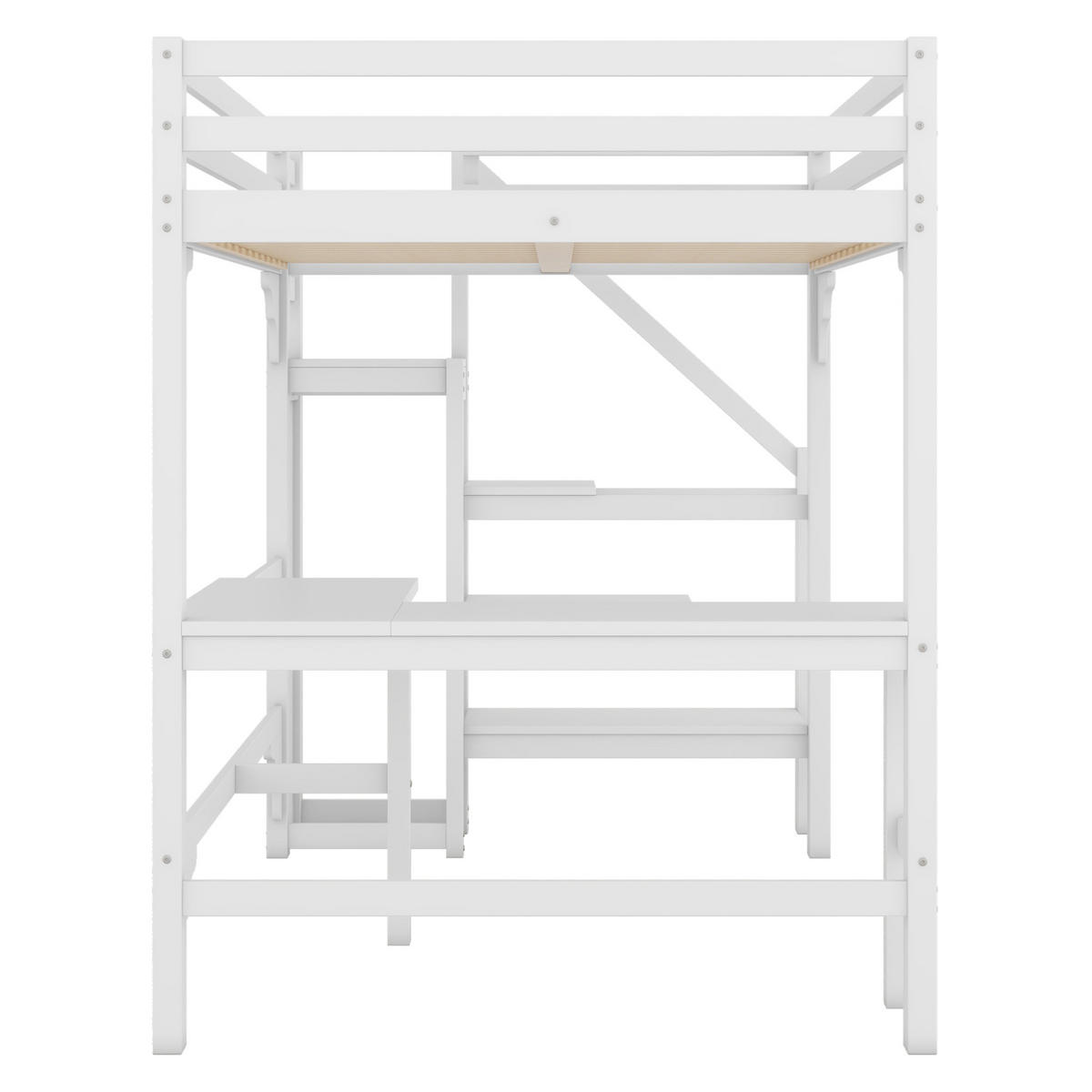 HOCHBETT aus Kiefernholz und MDF 140x200 cm Weiß mit L-förmigem Schreibtisch, offenem Kleiderschrank und Stauraumtreppe - Weiß, Holzwerkstoff (90/200cm) - Modfu