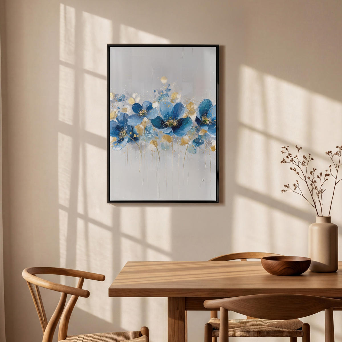 LEINWAND Bilder mit Rahmen - Blumen - Blau - Abstrakt - 60x90 - Hellgrau, Textil (60/90cm) - MuchoWow