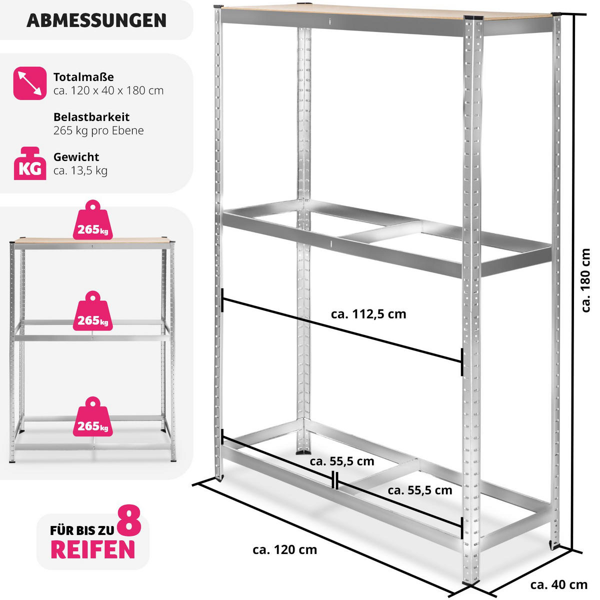 REIFENREGAL ,120 x 40 x 180 cm,grau - Grau, Metall (40/180/120cm) - tectake