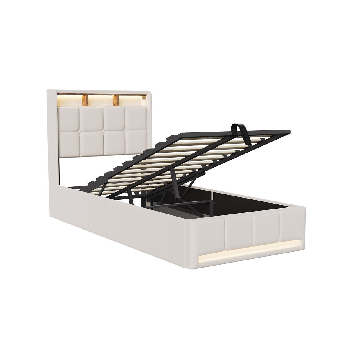 POLSTERBETT 90x200 cm Beige mit LED Beleuchtung, Kopfteil mit Stauraum und USB/Type-C, hydraulisches Stauraumbett - Beige, Metall (90/200cm) - EuroLiving