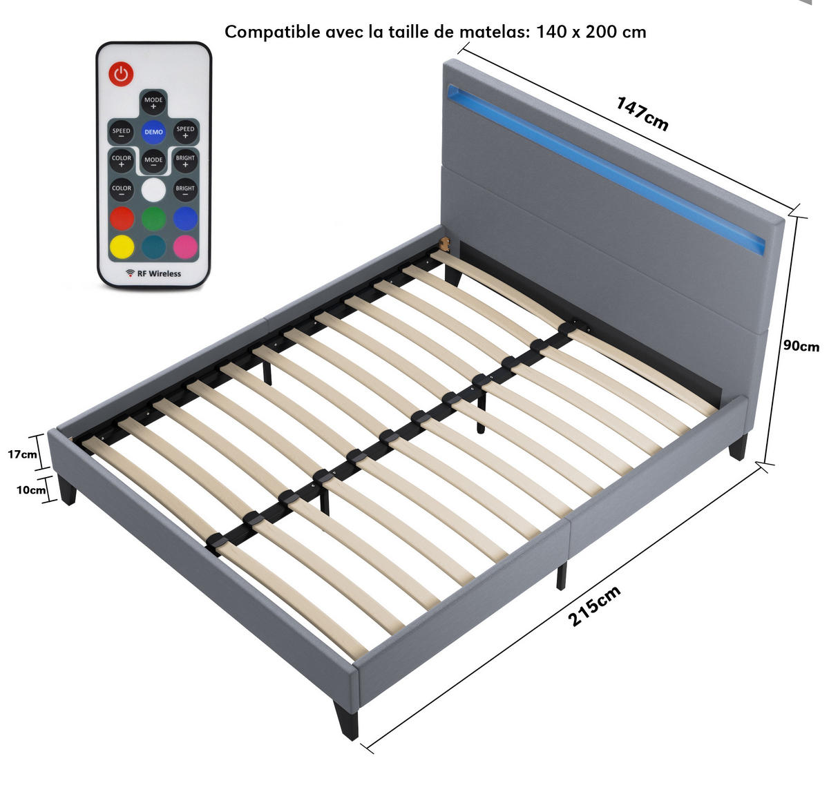 BETT 140x200 cm mit Kopfteil aus grauem Kunstleder - Grau, Naturmaterialien (140/200cm) - November Sleep