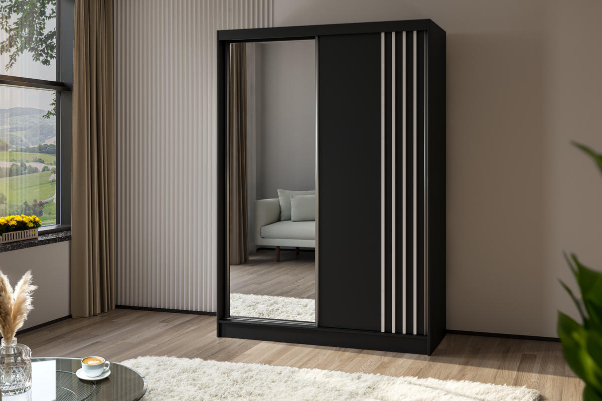 SCHWEBETÜRENSCHRANK Neli 160 cm mit Lamellen und Spiegel 2-türig, schwarz, schwarz, Lamelle weiß - Schwarz/Weiß, Kunststoff (160/216/61cm) - Margaret Hadas24