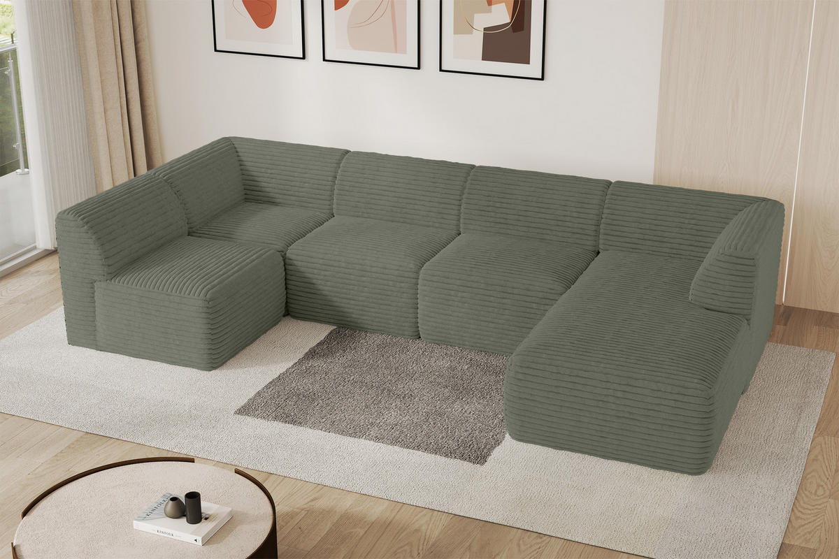 WOHNLANDSCHAFT Ottomane Rechts MOVO-L 345x180x78 cm Olivgrün Cord - Olivgrün, Holzwerkstoff/Kunststoff (180/78/345cm) - ALTDECOR