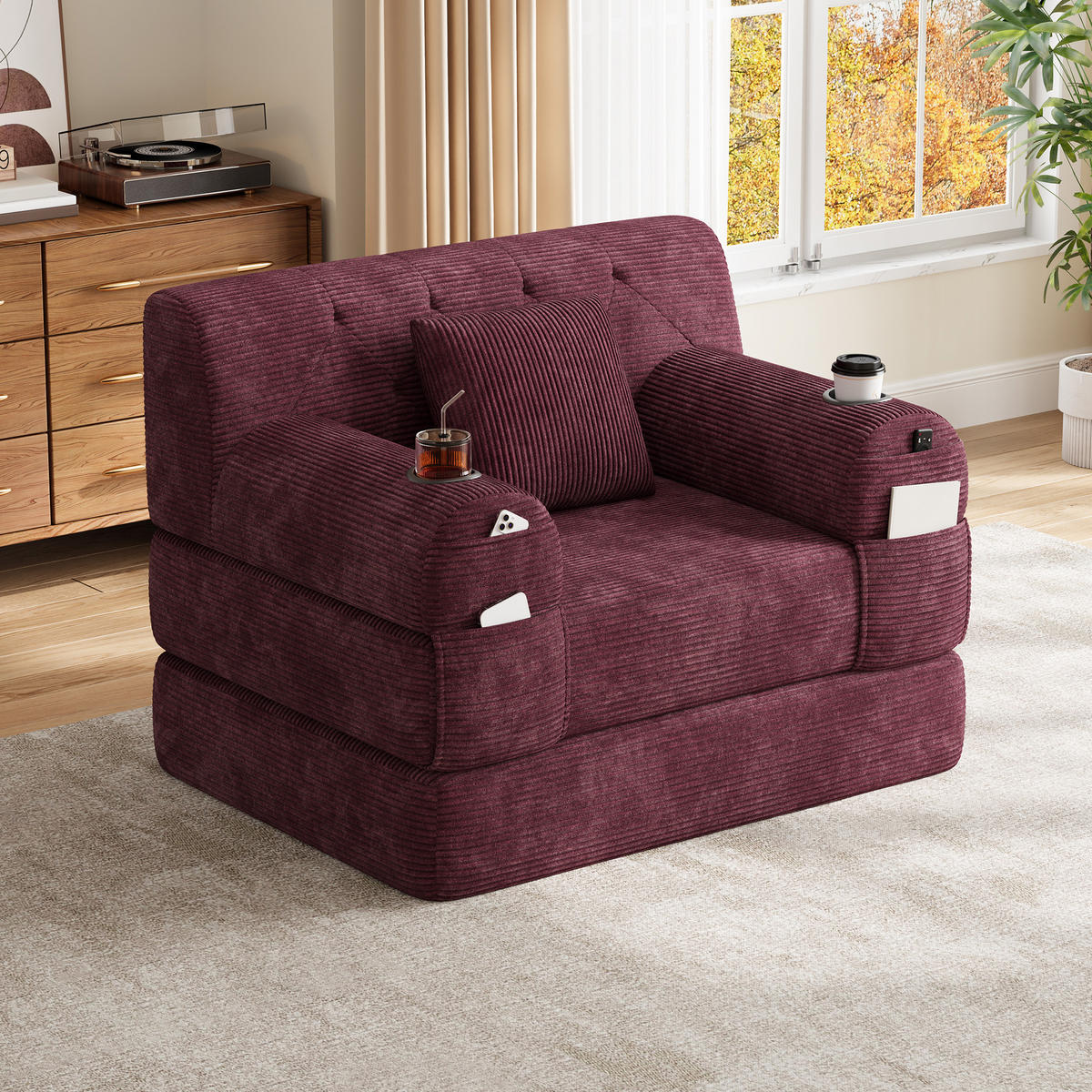 SCHLAFSESSEL Cord komprimiert, DE-42543, Weinrot - Weinrot, Metall (107/81/80cm) - ComfortXL