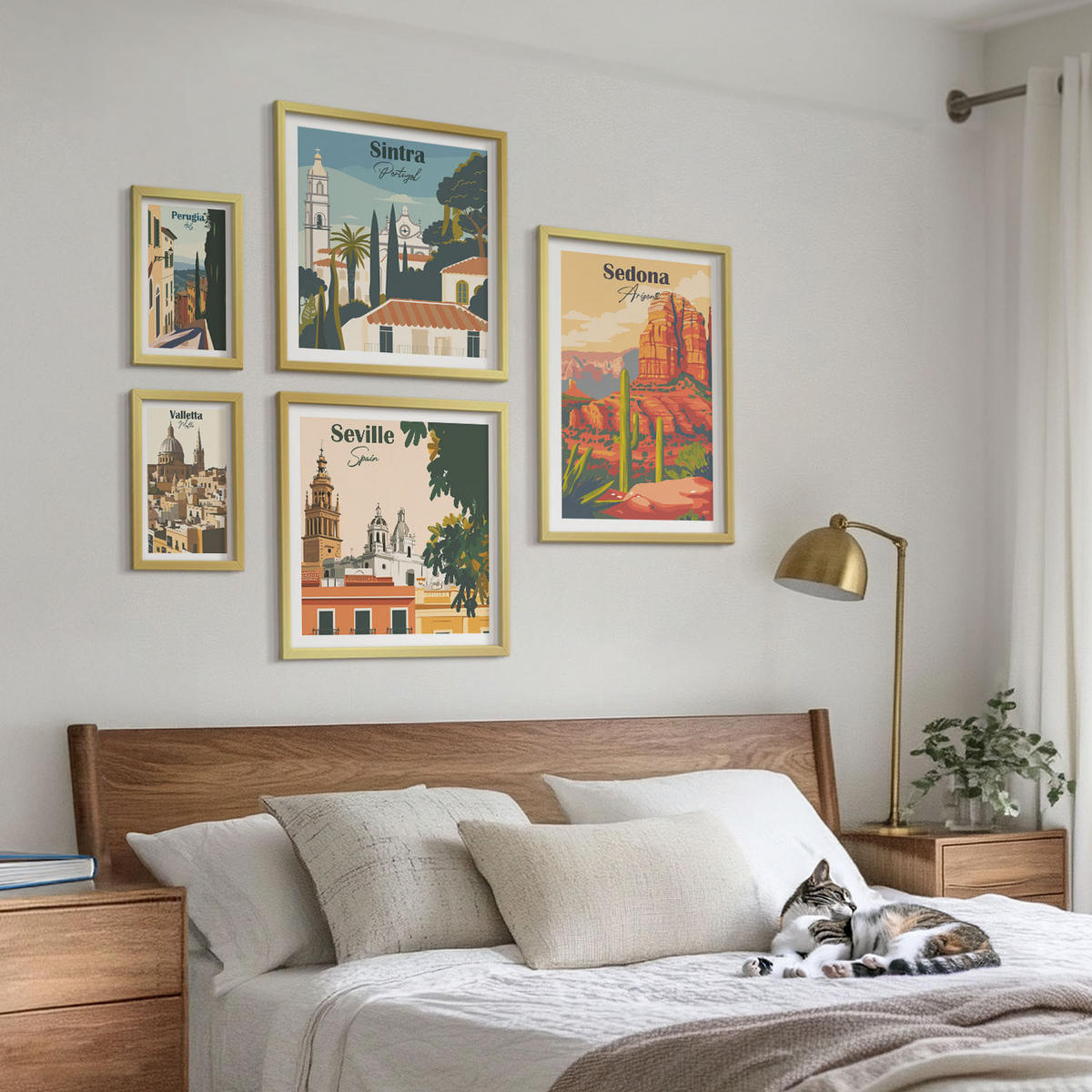 BILDER SET 5er Set - 50x50 cm & 20x30 cm & 40x60 cm Goldrahmen - Illustrationen von Küstenstädten - Goldfarben, Kunststoff (40/60cm) - TULUP