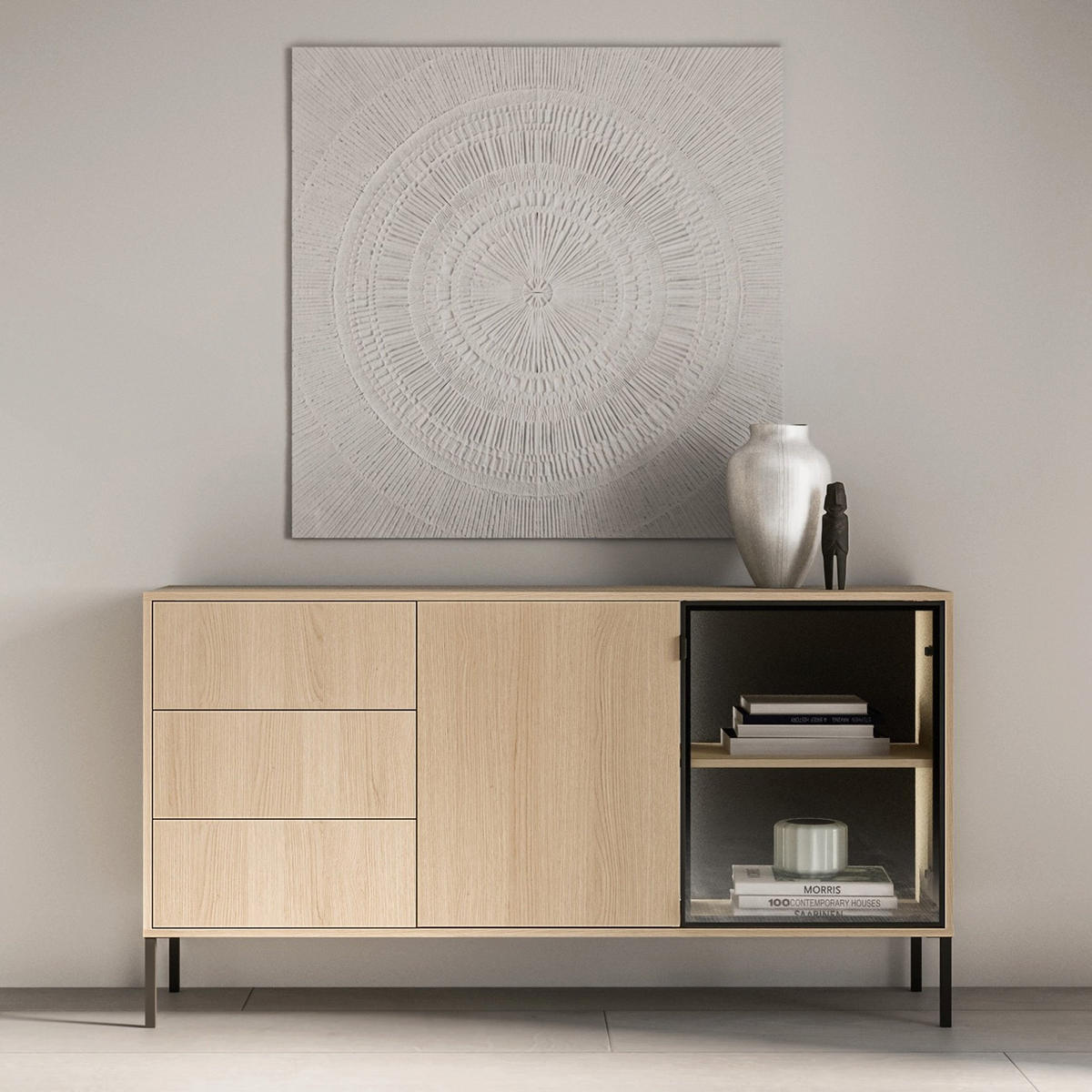SIDEBOARD Barnee Eichenholzoptik 160 cm - Beige/Schwarz, Holzwerkstoff/Metall (160/86/40cm) - Selsey